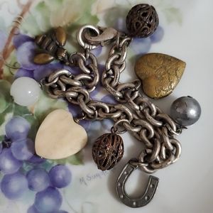 Vintage silvertone link charm bracelet pic locket+